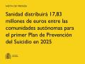 03/06/2025 - Sanidad distribuirá 17,83 millones de euros entre las comunidades autónomas para el primer Plan de Prevención del Suicidio en 2025