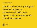 16/10/2024 - Las listas de espera quirúrgicas mejoran respecto a diciembre de 2023, pero siguen al alza en comparación con el año pasado